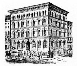 Clădirea Tontine în 1850 - intersecția de nord-vest dintre Wall Atreet și Water Street; un omnibus al liniei de feribot Broadway- Wall-Street în trecere