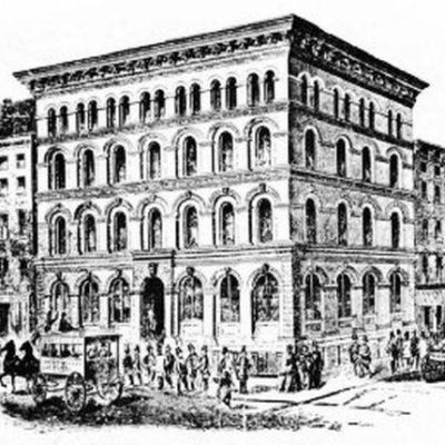 Clădirea Tontine în 1850 - intersecția de nord-vest dintre Wall Atreet și Water Street; un omnibus al liniei de feribot Broadway- Wall-Street în trecere